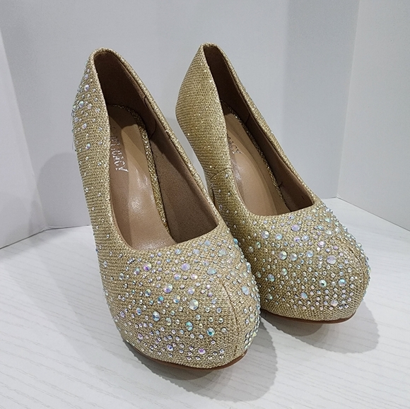 Delicacy Gold Rhinestone Platform Heels - Picture 2 of 12
